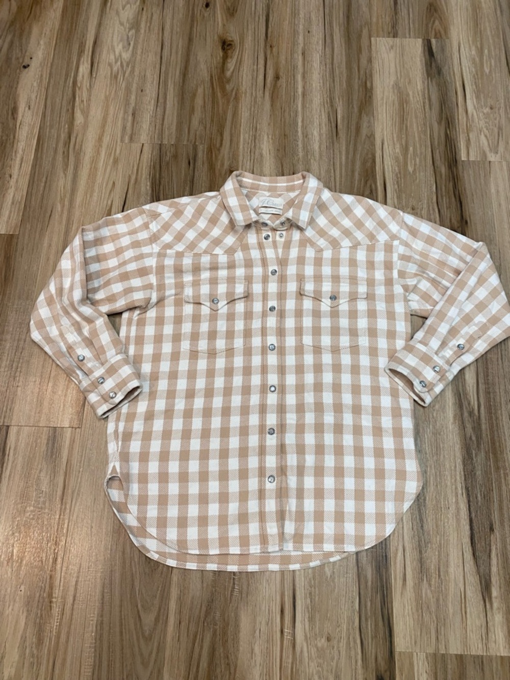J.CREW RELXED FIT BUFFALO CHECK IVORY TAN FLANNEL SHIRT SHACKET WOMENS SZ 4